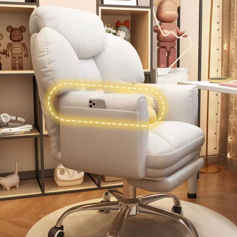 Rotatable Lifting Upholstered Study Chair with Headrest, Armrest, Casters and Adjustable Back Angle