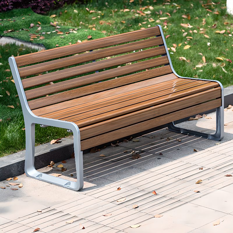 Simple Outdoor Bench with Alloy/Engineered Wood, Back, Curved Arm, and Dove Grey Frame