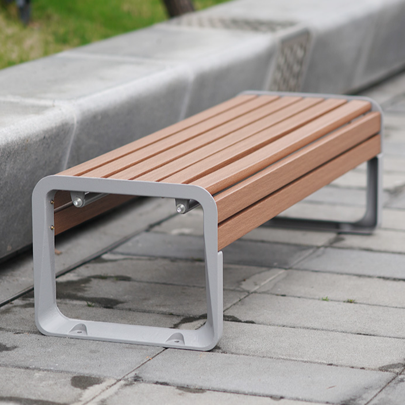 Simple Outdoor Bench with Engineered Wood, Back, Curved Arm, and Light Gray Frame