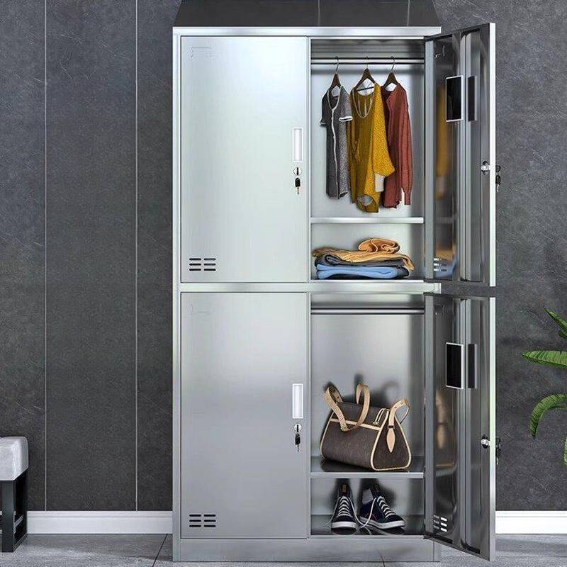 Silver Contemporary Stainless Steel Employee Lockers with Shoe Storage and Ventilated Doors, Featuring 10 or More Compartments in 3-Wide/5-Wide or More Design