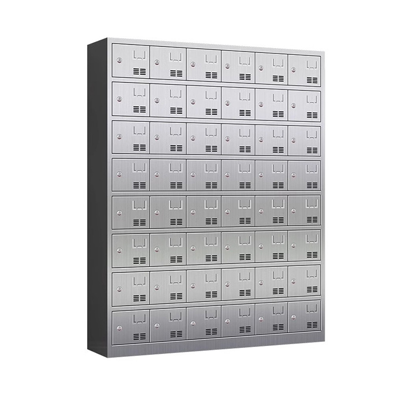 Silver Contemporary Stainless Steel Employee Lockers with Louvered Doors, Featuring 10 or More Compartments in 4-Wide/5-Wide or More/3-Wide Design, Includes Lock