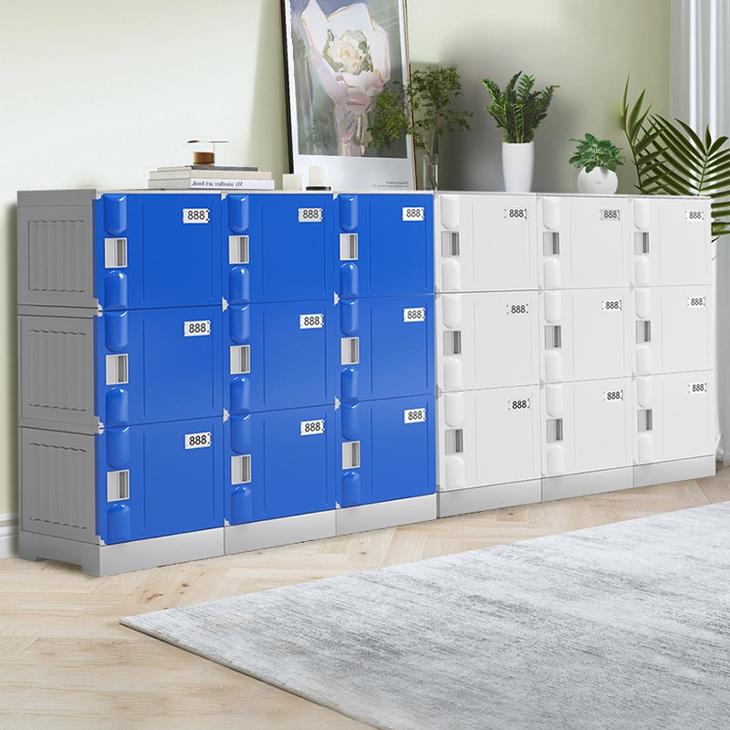Bright Yellow/Light Blue/Light Green Contemporary Polymer School Lockers with Solid Doors, Name & Number Plate, and Locker Base
