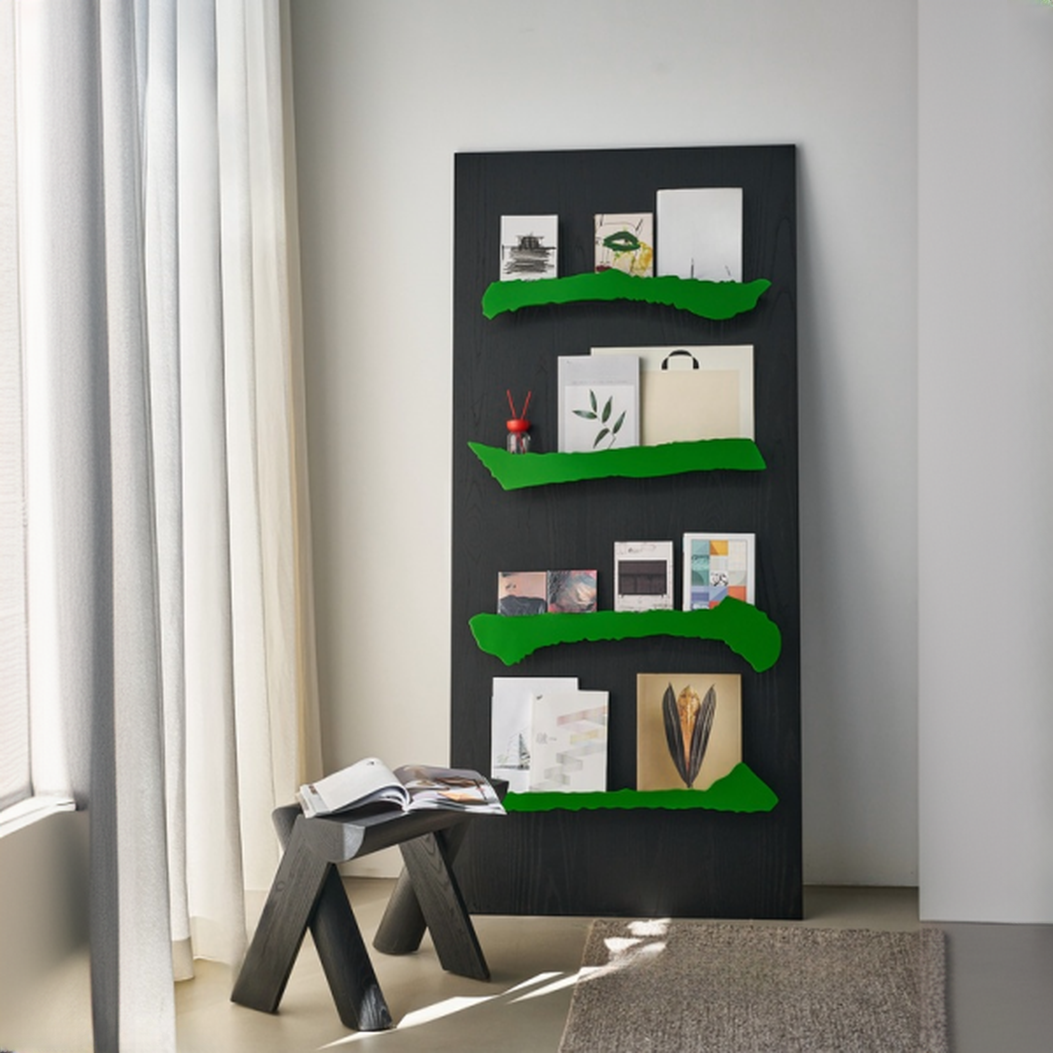 Art Deco Magazine Rack in Manufactured Wood, 15 in & Above Length, 10 in & Above Height with Shelves, Standalone