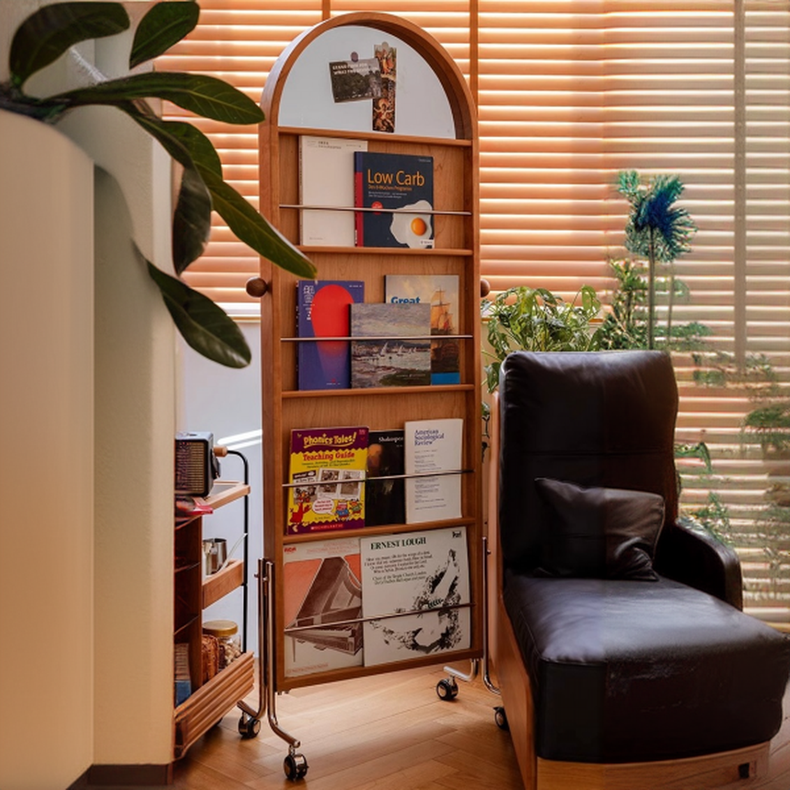 Art Deco Magazine Rack with 15 in & Above Length, 10 in & Above Height, Shelves, Rubberwood Frame, and Standalone Design