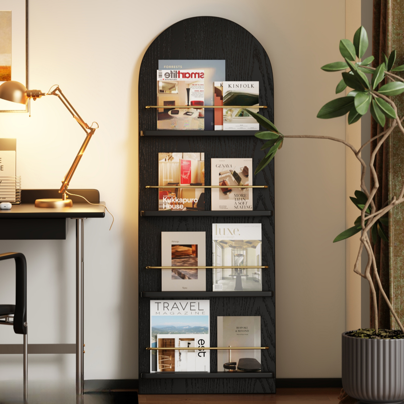 Art Deco Magazine Rack with Shelves, 15 in & Above Length, 10 in & Above Height, Rubberwood Frame, Standalone