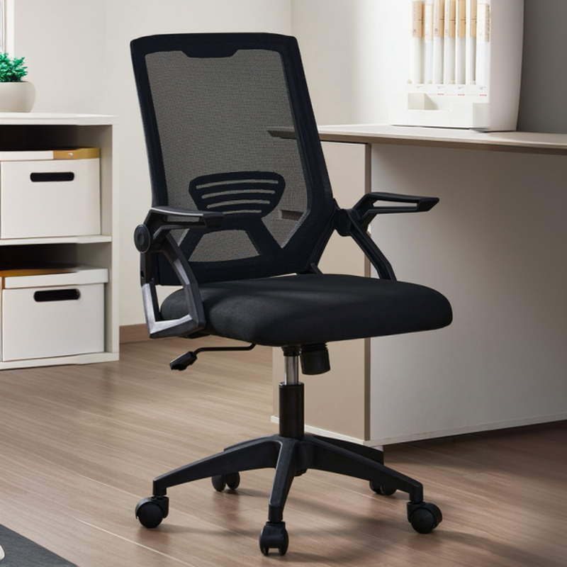 Upholstered Ink/Light Gray Studio Chairs with Armrest, Rollers, Lumbar Support, Tilt Available, and Flip-Up Armrest