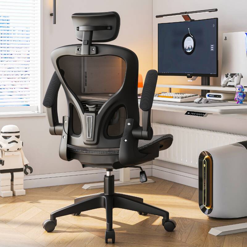 Studio Chairs with Mesh Ink/Light Gray Finish, Waterfall Seat, Lumbar Support, Tilt Available, Flip-Up Armrest, and Headrest