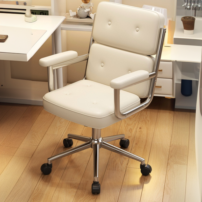 Upholstered Studio Chairs in Light Gray/White/Caramel with Armrest, Portable Wheels, Tilt Available, Adjustable Back Angle, and Stitch-tufted Design