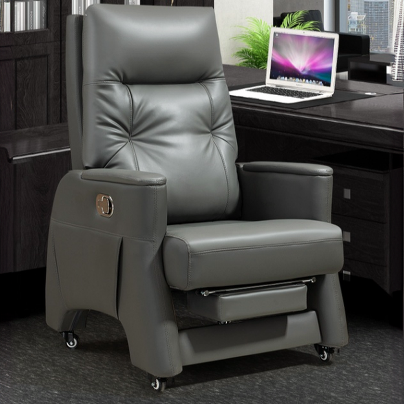 Calfskin Office Furniture in Midnight Black/Dark Gray/Dark Brown with Armrest, Wheeled Leg Rest, Adjustable Back Angle, and Decorative-stitched Design