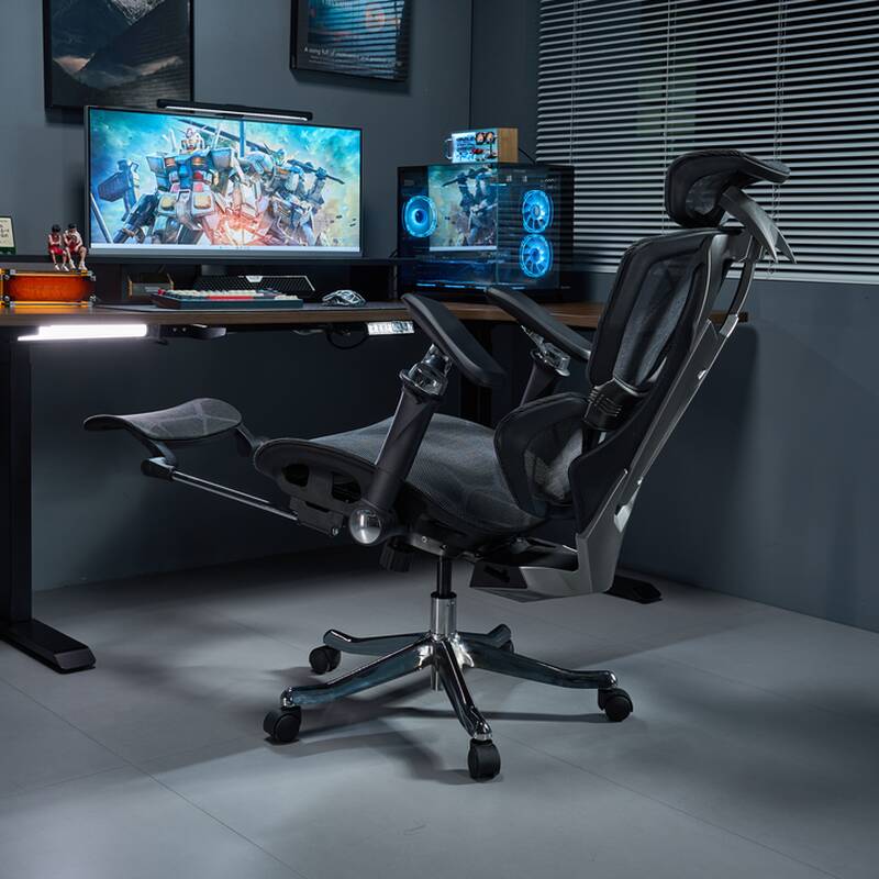 Gaming Chair with Mesh Foot Support, Waterfall Seat, Lumbar Support, Adjustable Back Angle, Height Adjustable Armrests, and Headrest