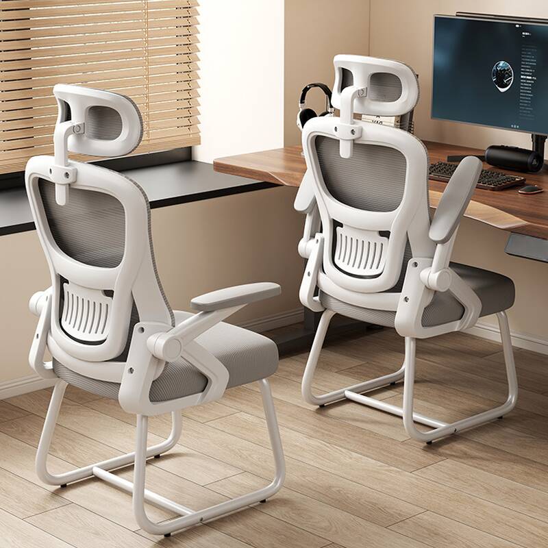 Art Deco Task Chair in Light Gray Upholstered with Armrest, Ergonomic Lumbar Support, and Headrest