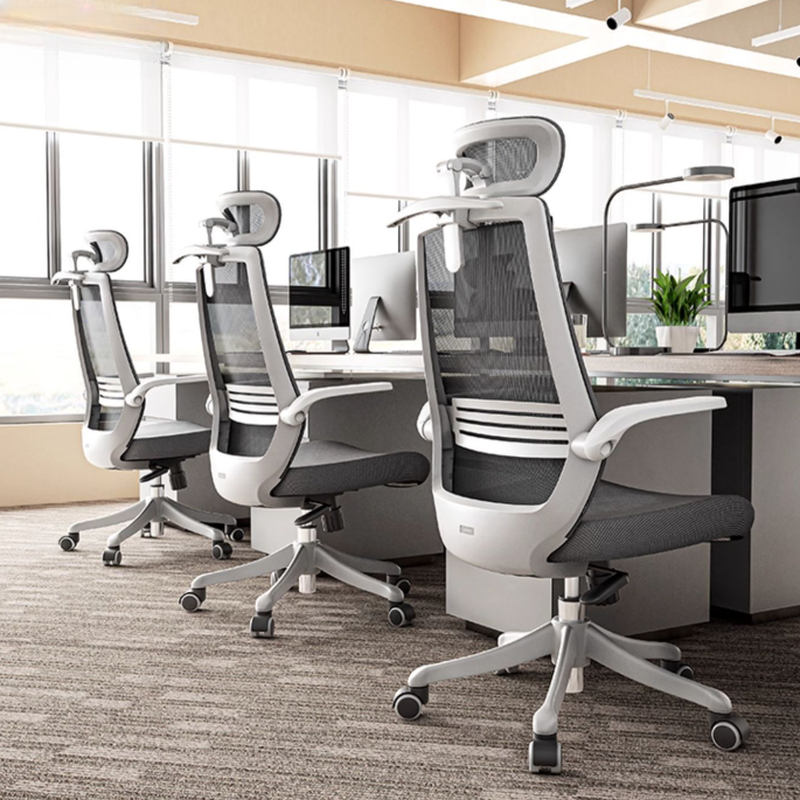 Office Chairs with Upholstered Dove Grey, Roller Wheels, Waterfall Seat, Lumbar Support, Flip-Up Armrest, and Headrest