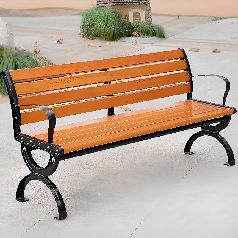 Simple Outdoor Bench with Alloy/Engineered Wood in Sepia, Back, and Curved Arm