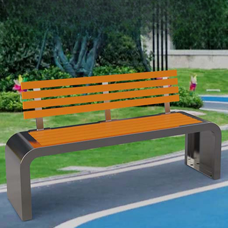 Simple Outdoor Bench with Back, Stainless Steel Frame, and Metallic Finish