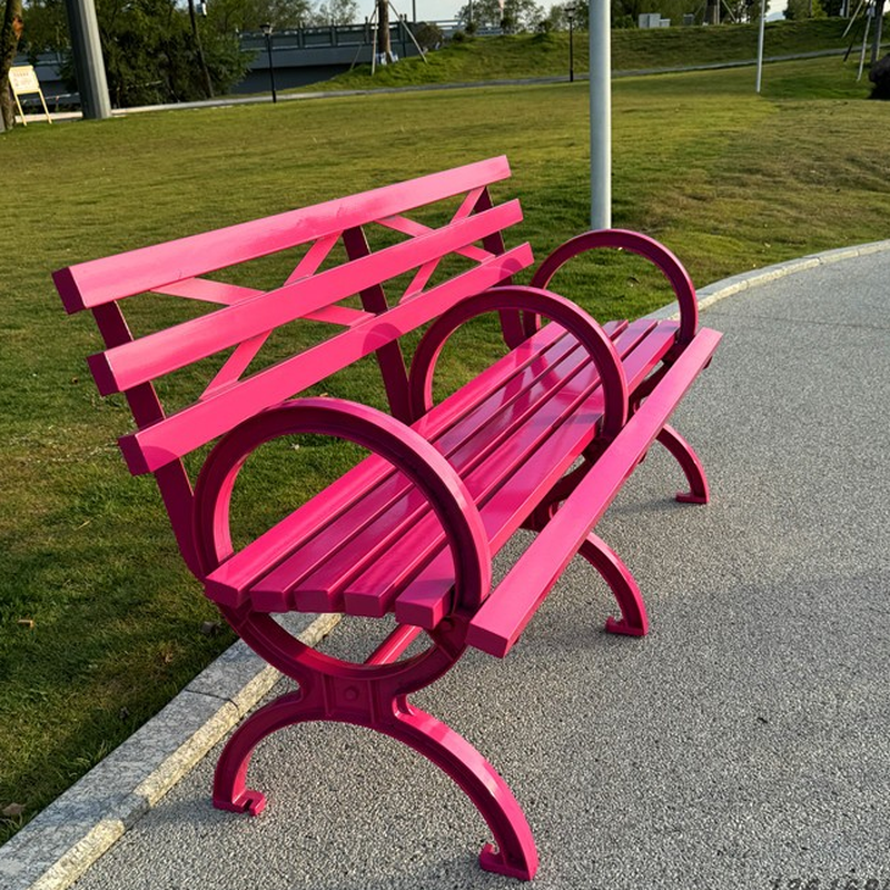 Simple Outdoor Bench with Alloy in Crimson/Plum Colour/Yellow, Back and Curved Arm