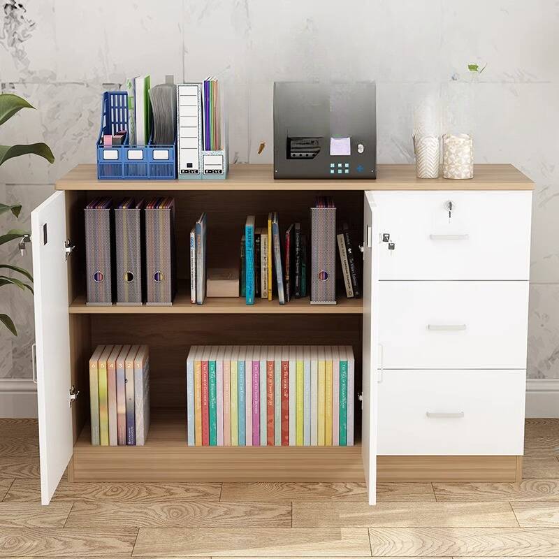 Casual Manufactured Wood Office Console Cabinet with Stain Resistant Finish, Adjustable Shelving, Locking Door, and 2-Wide/4-Wide/3-Wide Compartments