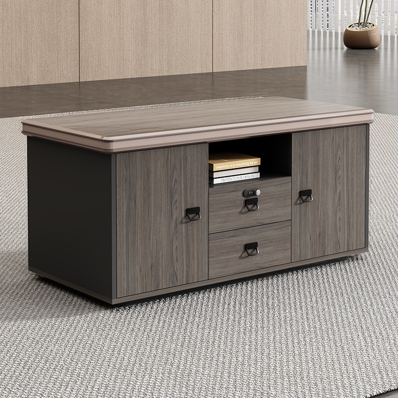 Casual Manufactured Wood Credenza with Shelf Unit, Drawers, Locker, and Locking Door, 3-Wide