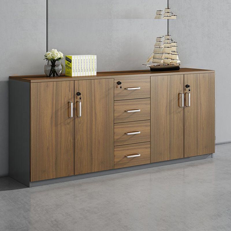 Caramel Art Deco Manufactured Wood Base Cabinet with Shelves, Drawers, Locking Door, and 5-Wide Compartments