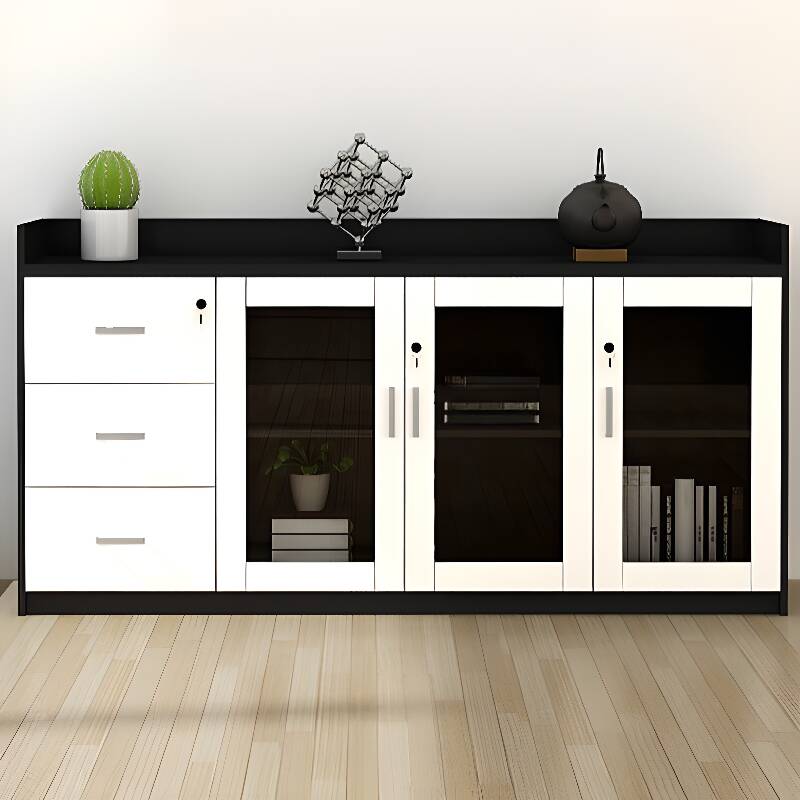 Manufactured Wood Office Console Cabinet with Stockroom Storage, Shelf Unit, Drawers, and Locking Door in 2-Wide/3-Wide Compartments