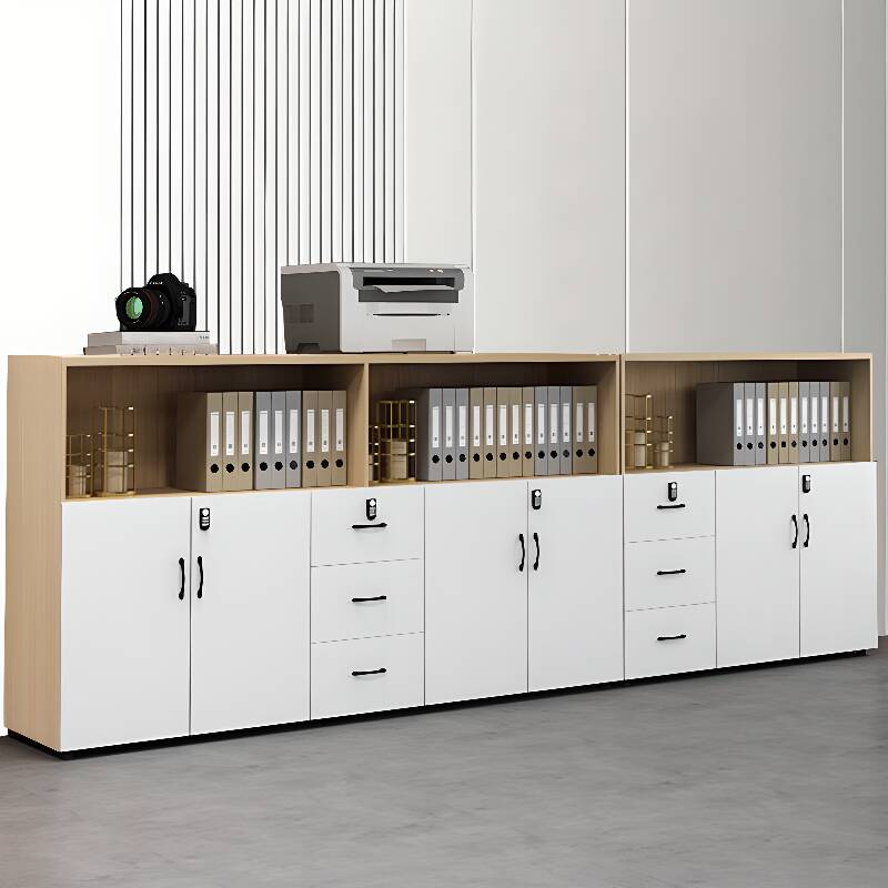 Art Deco Manufactured Wood Office Storage Furniture with Shelves, Drawers, Locking Door, 4 Legs/6 Legs/8 Legs, and 5-Wide or more/2-Wide/4-Wide Compartments