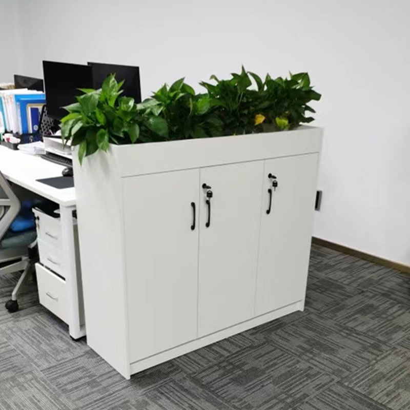 Art Deco Manufactured Wood Base Cabinet with Scratch Resistant Shelves, Hutch, Locking Door, and 2-Wide/1-Wide Compartments