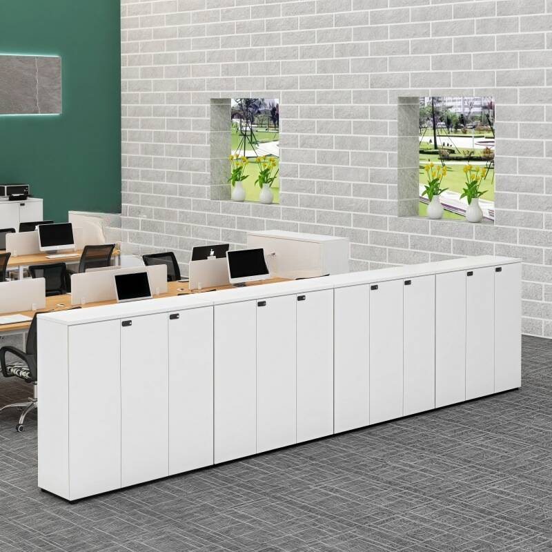 Art Deco Manufactured Wood Office Storage Furniture with Shelves and Hutch, Featuring Locking Door, 4 Legs, and 2-Wide/1-Wide Compartments