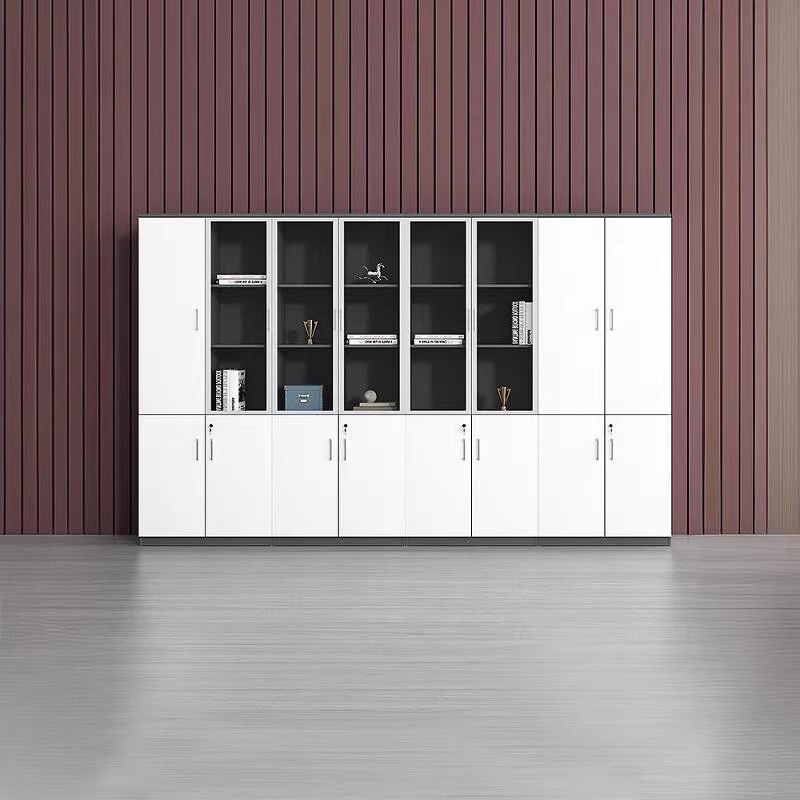 White Casual Manufactured Wood Office Console Cabinet, Stain Resistant with Shelf Unit and Locking Door, 2-Wide/4-Wide/3-Wide Compartments