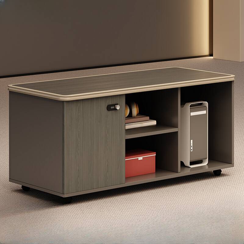 Contemporary Manufactured Wood Credenza with Roller Wheels, Shelves, Closet, Locking Door, and 2-Wide/3-Wide Compartments
