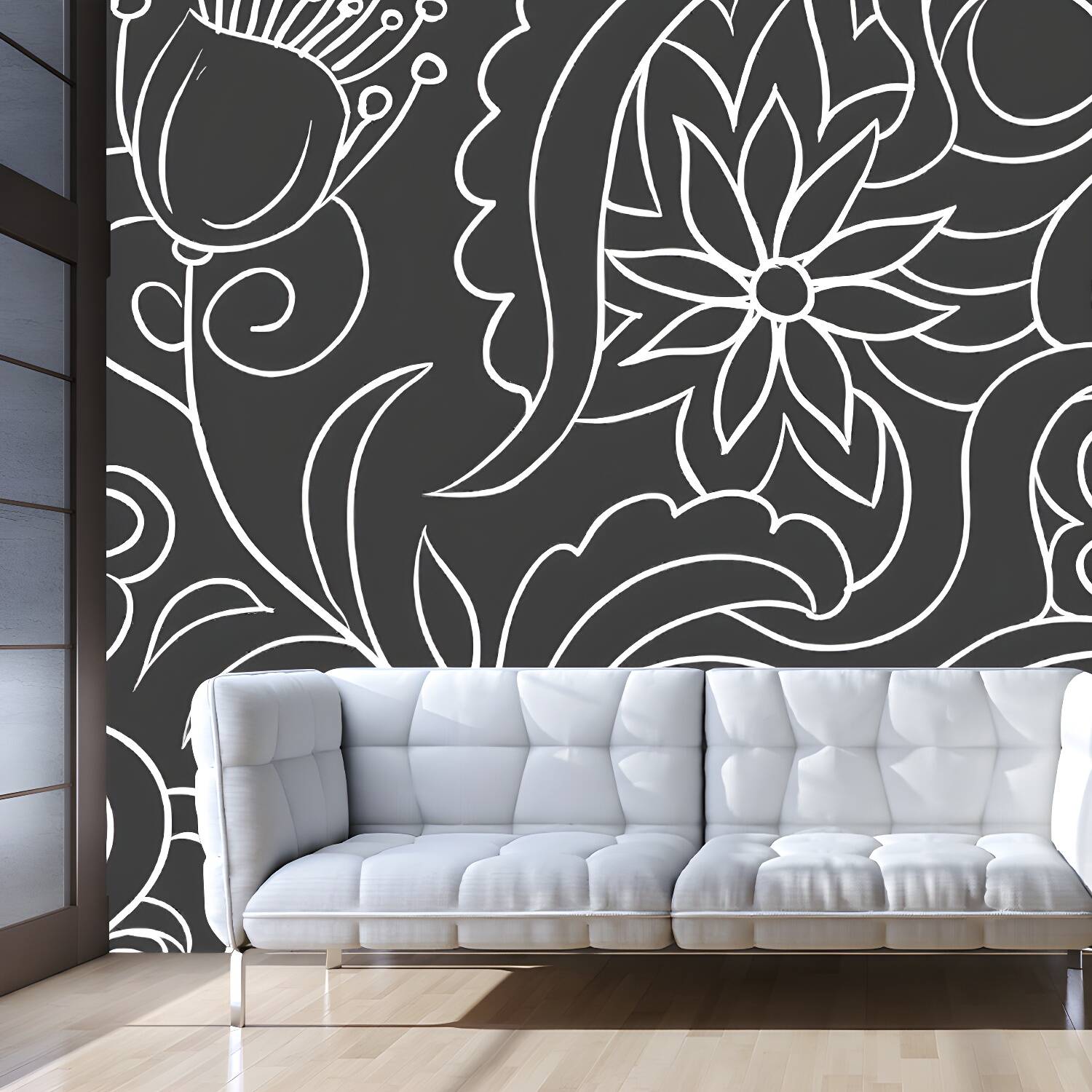 Black and White Minimalist Mural Wallpaper Whole Floral Wall Art for Living Room