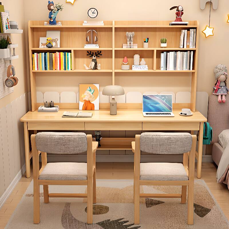 Modern Simple Style Rectangular Lumber Studying Desk in Dove Grey/White/Magenta with Drawer, Exterior Storage Units, and Hutch