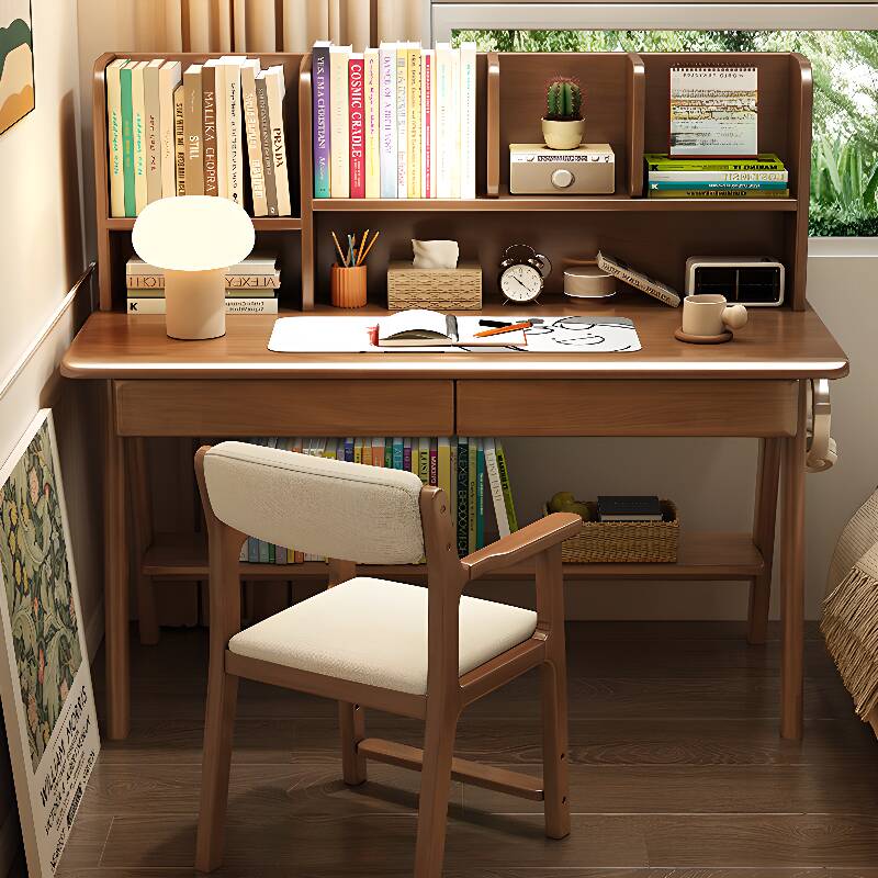 Contemporary Timber Rectangular Rose/Cerulean/White Work Desk with Exterior Storage Units, Compartment and Hutch