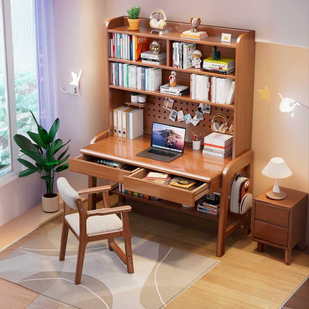 Modish Height-Adjustable Work-from-Home Desk in White/Auburn/Natural Finish with Drawers, Exterior Storage Units, and Hutch, Hand-Operated