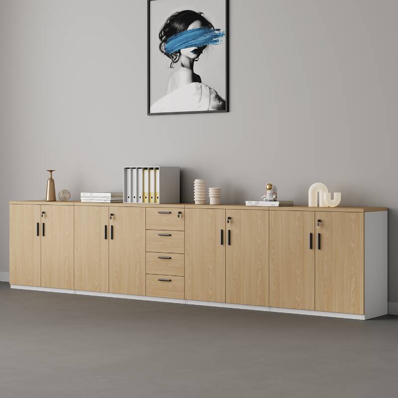 Natural Finish Trendy Laminate Supplies Cabinet with Shelves, Locker, Locking Door, and 5-Wide or more/4-Wide/3-Wide Compartments