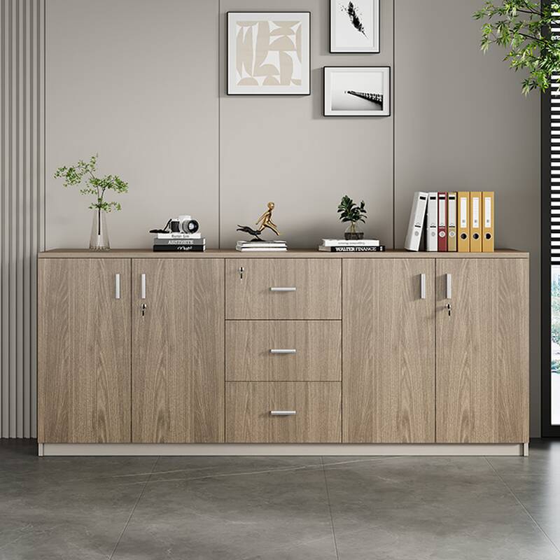 Caramel Trendy Manufactured Wood Supplies Cabinet with Shelves, Locker, Locking Door, and 2-Wide/5-Wide/4-Wide Compartments