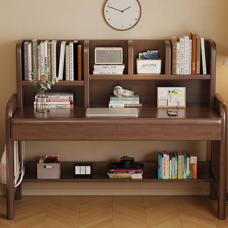Minimalist Height-Adjustable Office Desk in White/Auburn/Natural Colour with Drawers, Exterior Storage Units, Hutch, and Hand-Operated Adjustment
