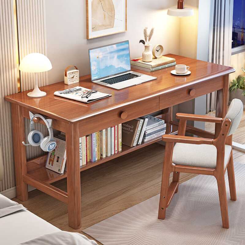 Trendy Rectangular Natural Wood Writing Table with Chalk/Magenta/Light Blue Drawers and Exterior Shelf