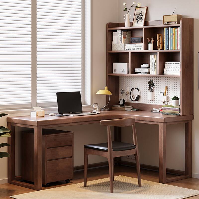 Modern L-Shape Pine Wood Writing Table in Gray with Hutch, Exterior Shelf, and Desk Return
