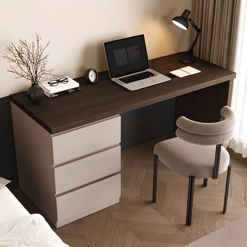 Modern Rectangular Natural Wood Writing Table with Auburn/Cream Drawers