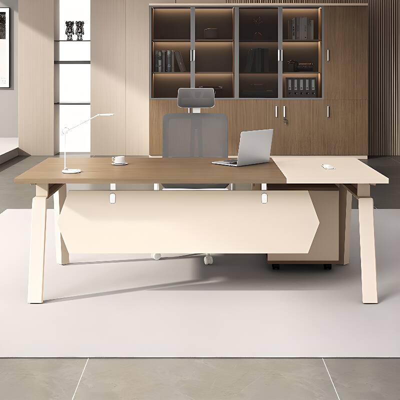 Modern Rectangular Light Brown Laminate Writing Table with Built-In Cable Organization
