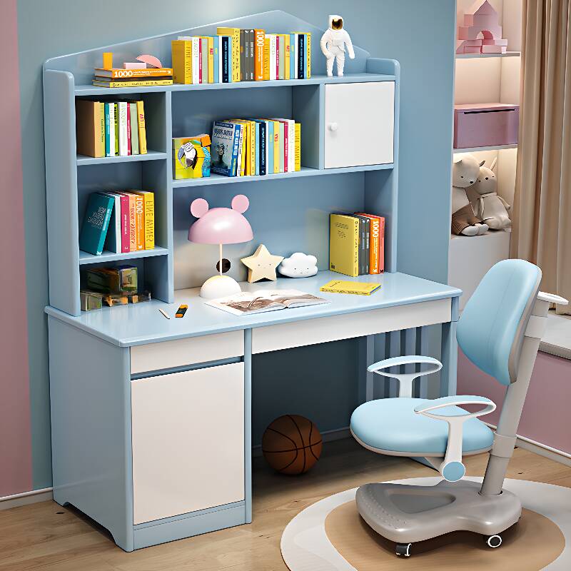 Trendy Chalk/Auburn/Unfinished Colour Desk with Drawers and Hutch, Credenza Desk with Exterior Shelf and Organized Wiring System