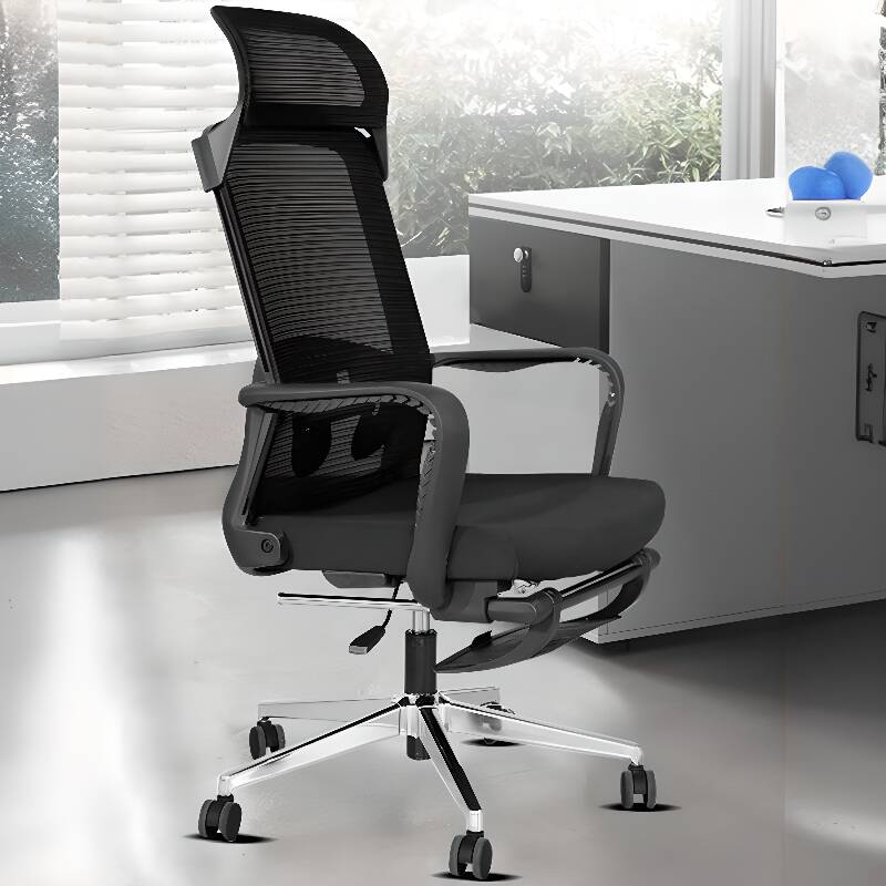 Upholstered Midnight Black Office Desk Chairs with Swivel, Foot Pedestal, Lumbar Support, Tilt Available, and Headrest