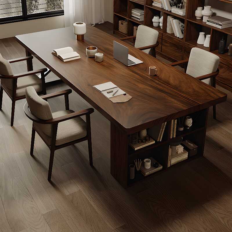 Modern Rectangular Auburn Walnut Wood Writing Table with Exterior Shelf