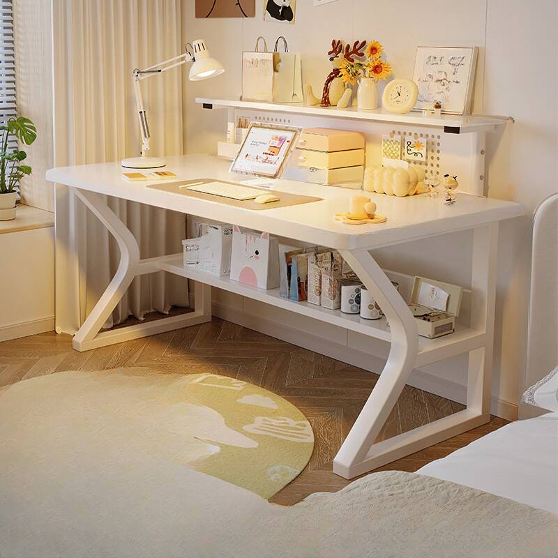 Modern Rectangular Chalk Laminate Writing Table with Exterior Shelf, Hutch, and Cable Management