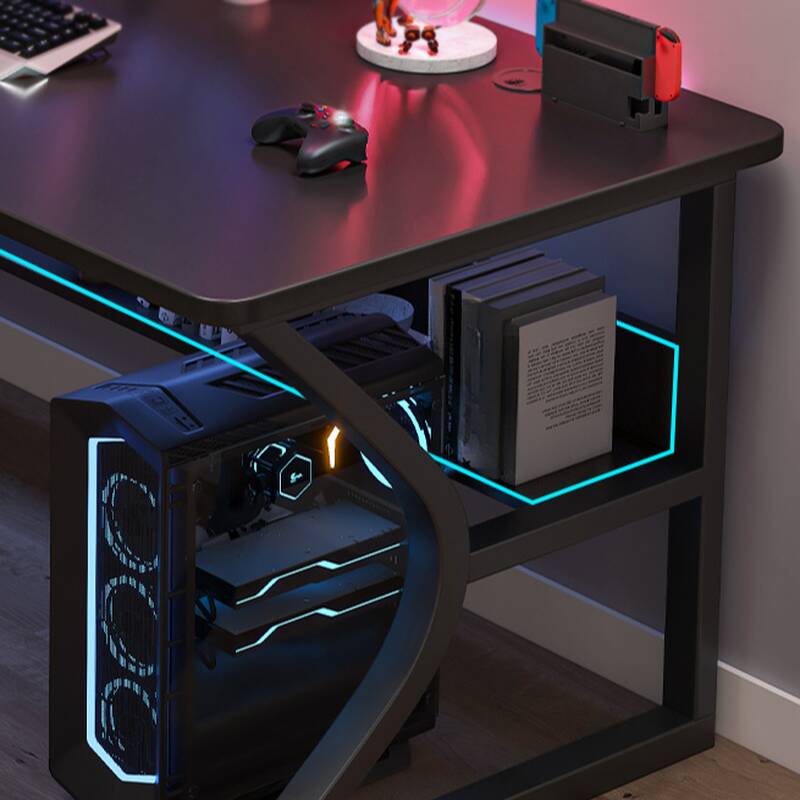 Trendy Rectangular Midnight Black Manufactured Wood Office Computer Desk with Exterior Shelf and Organized Wiring System