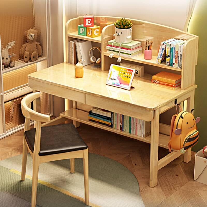 Modern Rectangular Rubberwood Writing Table in Chalk/Magenta/Light Brown with Drawers, Exterior Shelf, and Hutch