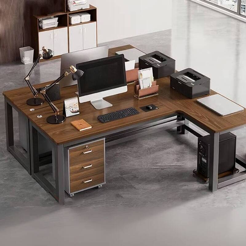 Trendy Rectangular Timber Cocoa Computer Work Desk with Integrated Cable Management and Desk Return
