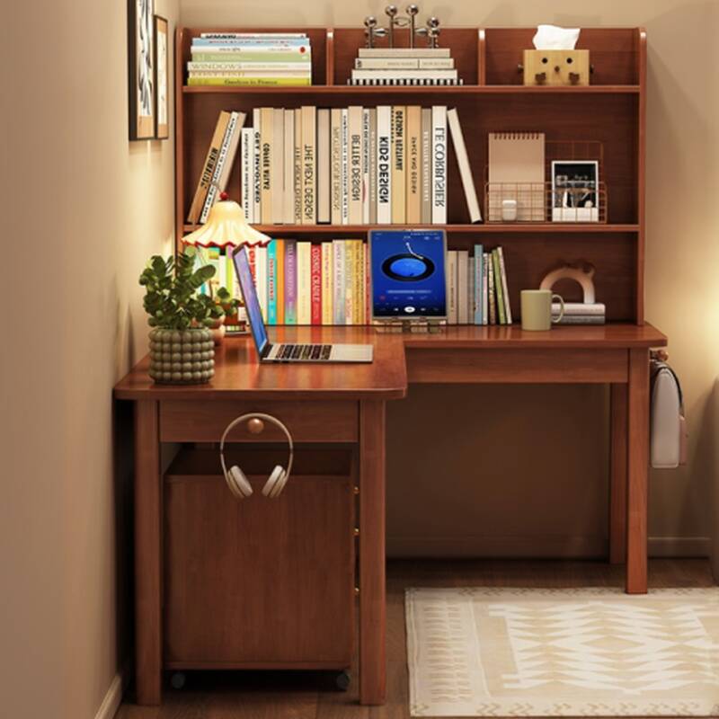 Contemporary L-Shape Timber Office Desk with Exterior Shelving, Hutch, and Desk Return