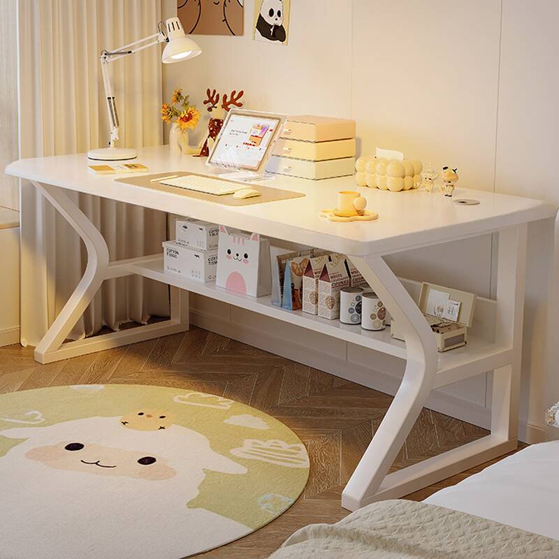 Contemporary Rectangle Manufactured Wood Office Desk in White with Exterior Shelving