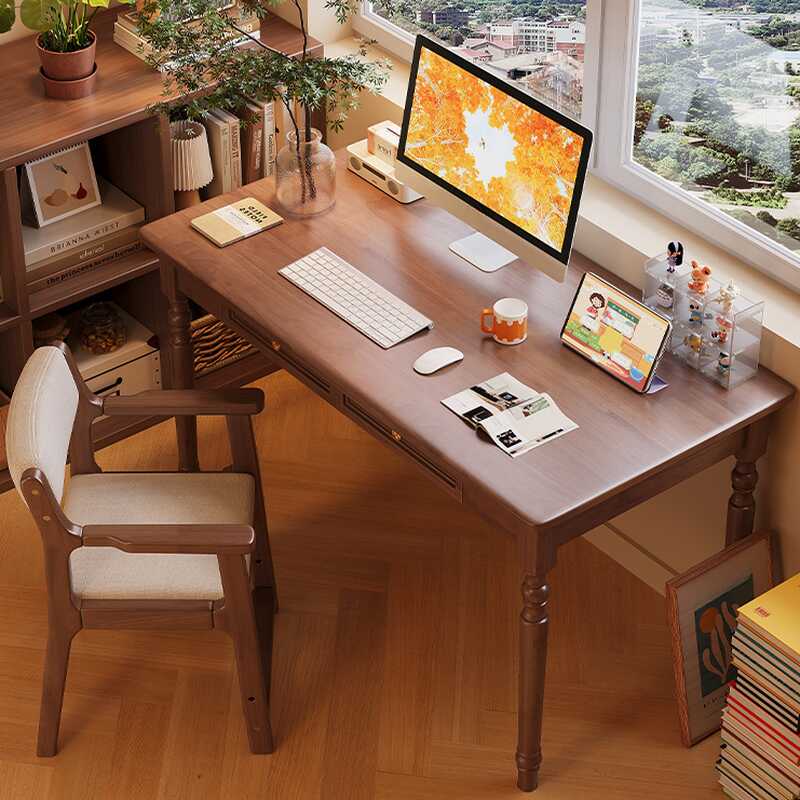 Modern Rectangular Natural Wood Writing Table in Gray/Chalk/Unfinished Colour with Drawers