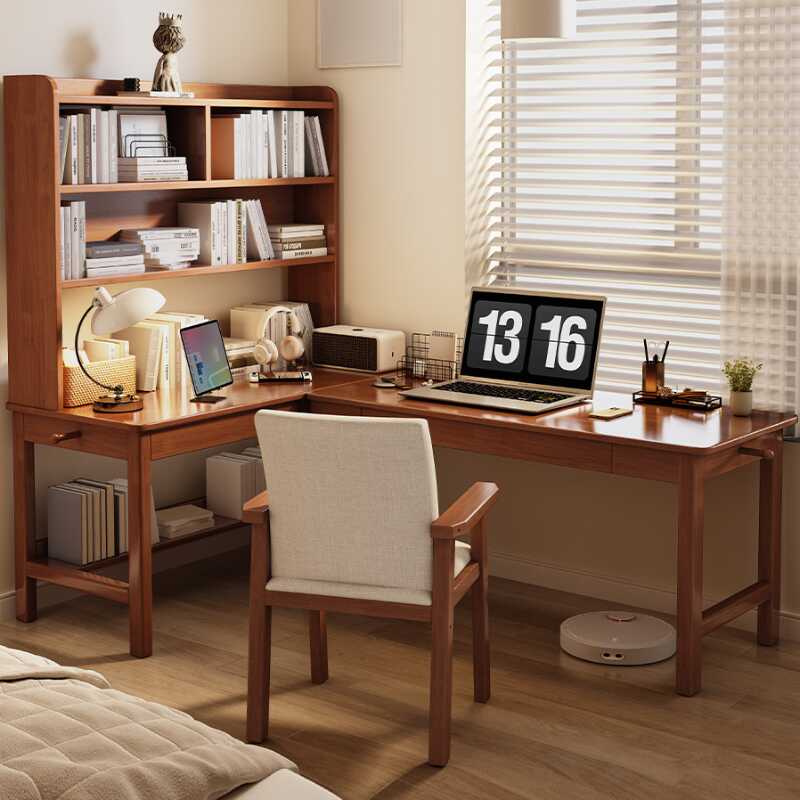 Modern L-Shape Chalk/Auburn/Unfinished Colour Rubberwood Writing Table with Exterior Shelf, Hutch, and Desk Return